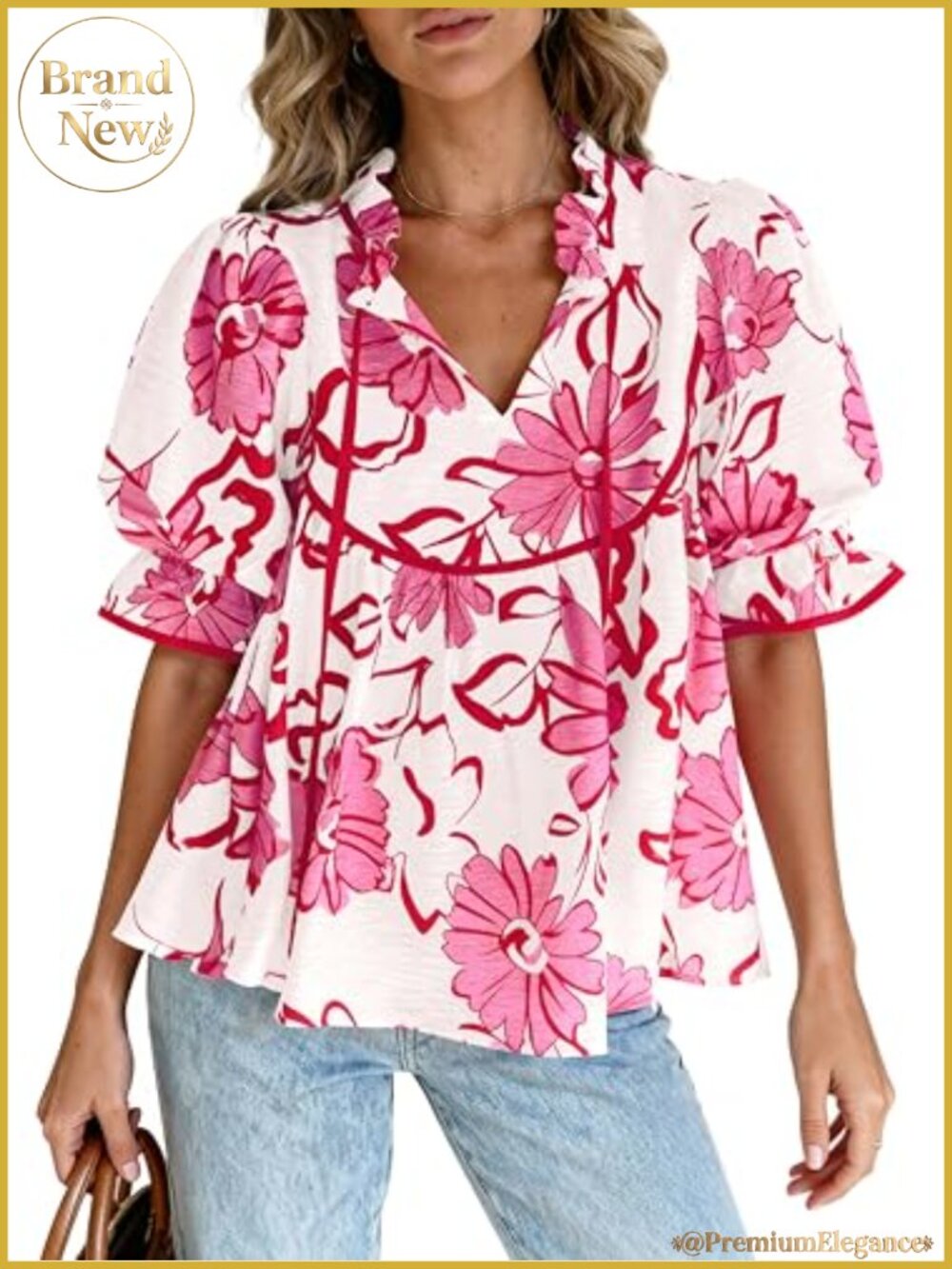 Women's Boho Floral Babydoll Peplum Tunic Top V-Neck Puff Sleeve Short Sleeve